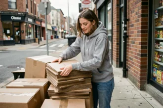 Femme qui récupère des cartons gratuits devant une épicerie pour préparer son déménagement seul