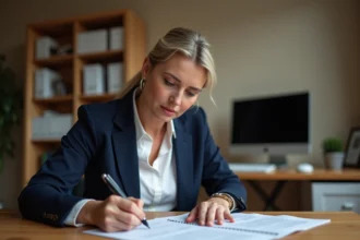 Femme rédigeant une attestation de domicile sur l'honneur à son bureau à domicile