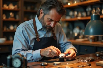 Horloger réparant une montre dans son atelier chaleureux