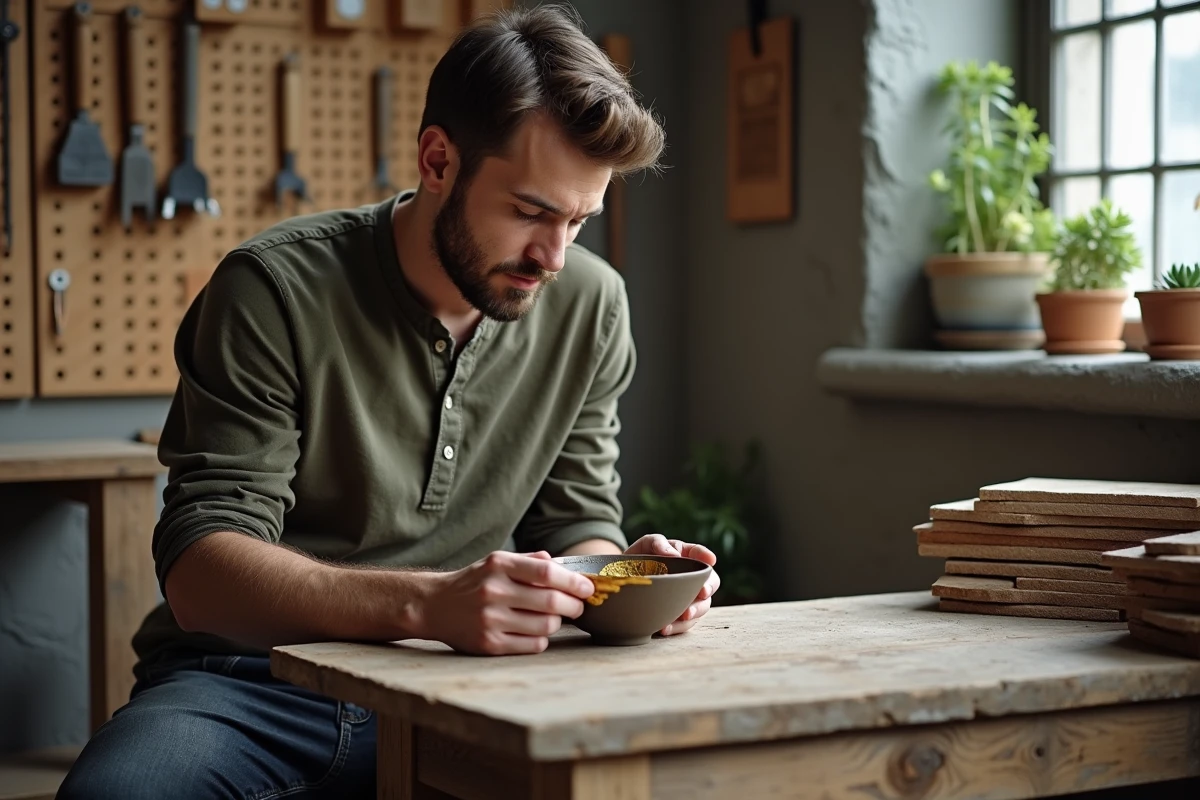 Homme réparant un bol en céramique avec la technique kintsugi dans un atelier de réparation et upcycling d'objets du quotidien