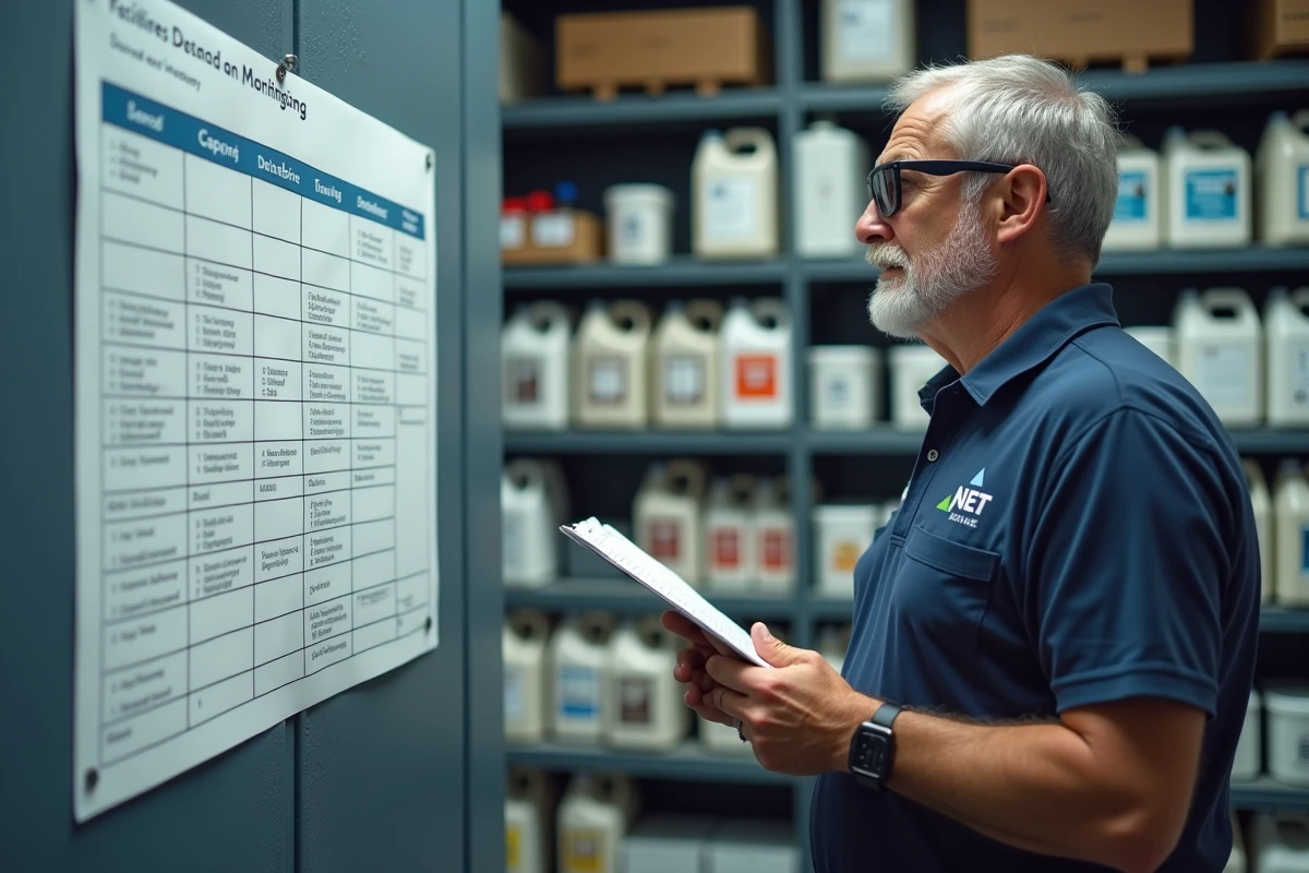 Responsable de maintenance consultant un tableau de dosage Jnet Gros Travaux dans une réserve de produits professionnels