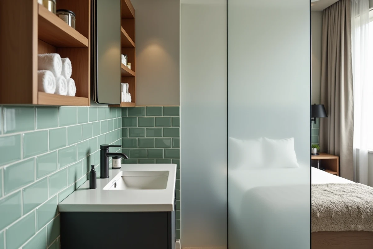 Coin salle de bain attenant à une suite parentale 15m2 avec rangements ouverts et partition en verre dépoli