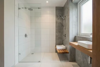 Salle de bain moderne avec douche italienne en carrelage blanc et paroi en verre sans cadre, vue grand angle