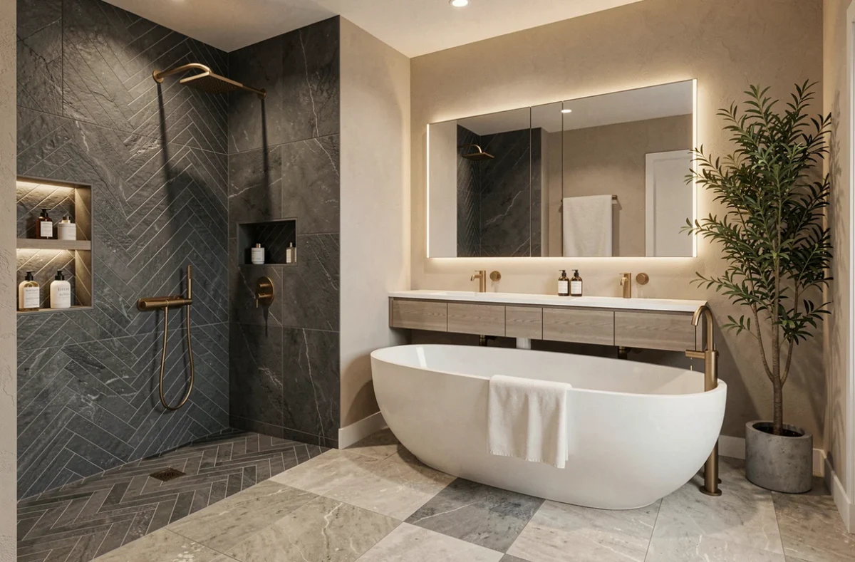Salle de bain haut de gamme avec douche italienne en ardoise, baignoire îlot et double vasque, vue d'angle architecturale