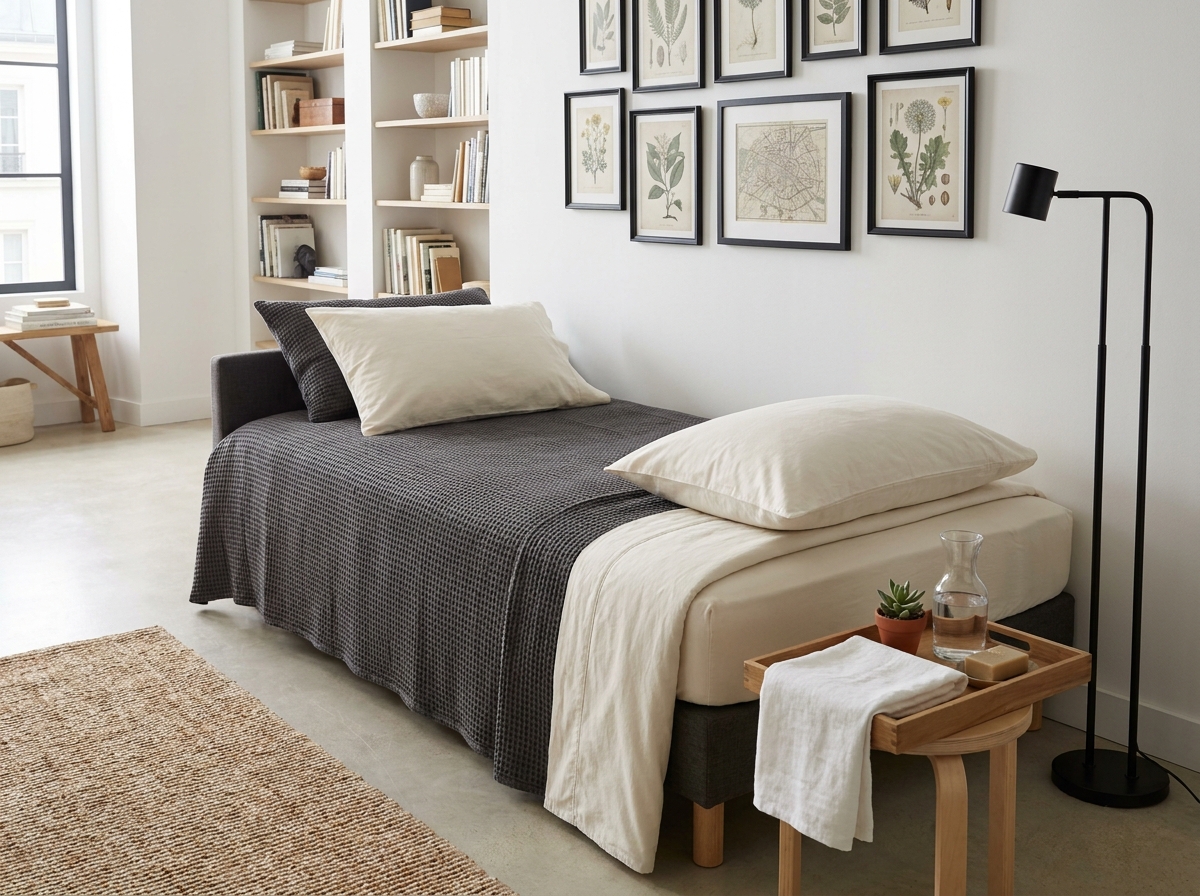 Salon parisien compact aménagé en chambre d'amis avec lit de jour habillé de linge neutre et plateau d'accueil