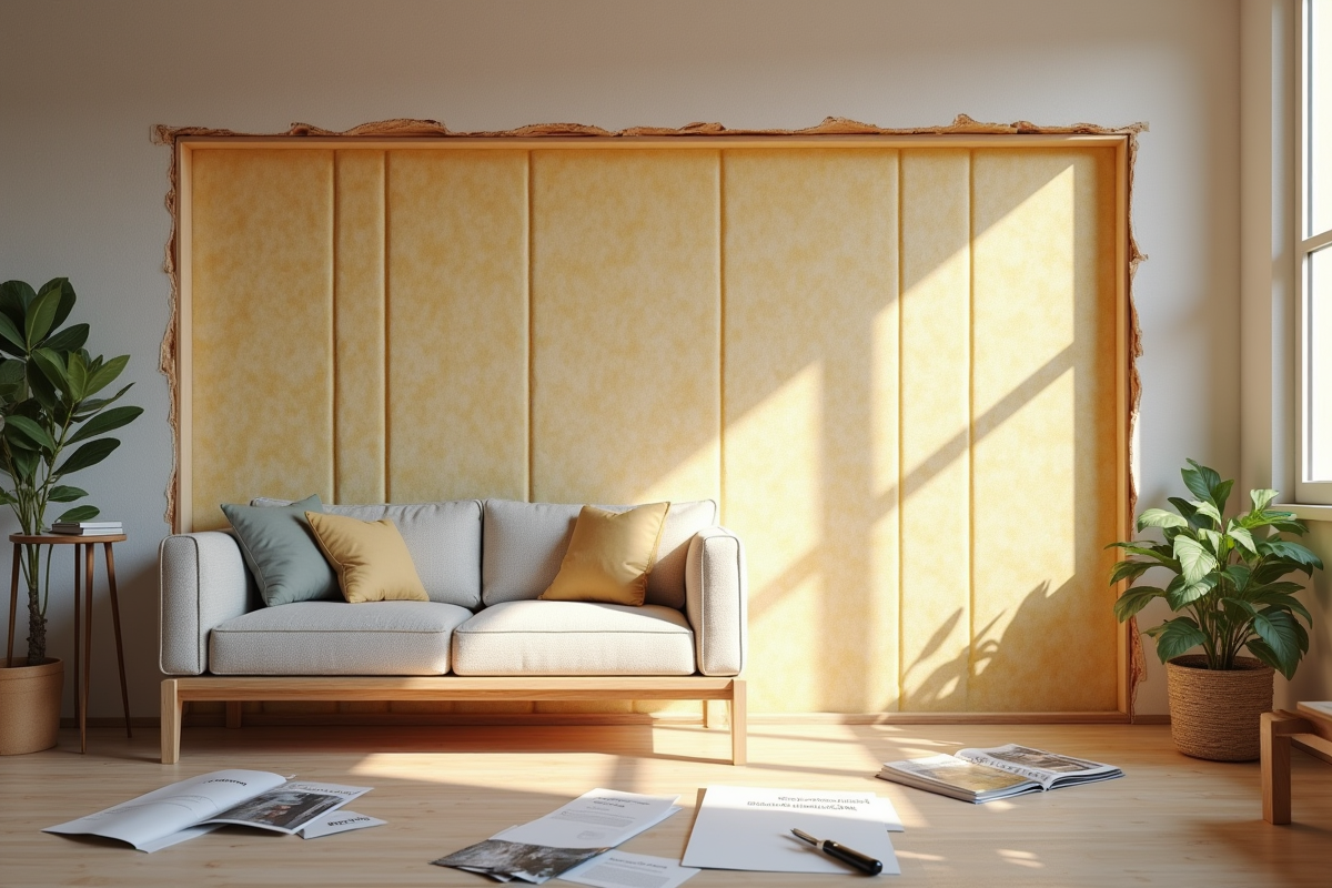 Salon moderne avec isolation cellulose visible derrière un mur ouvert