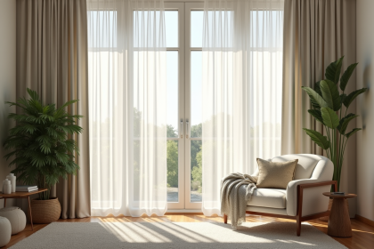 Salon moderne avec grandes fenêtres et décoration chaleureuse