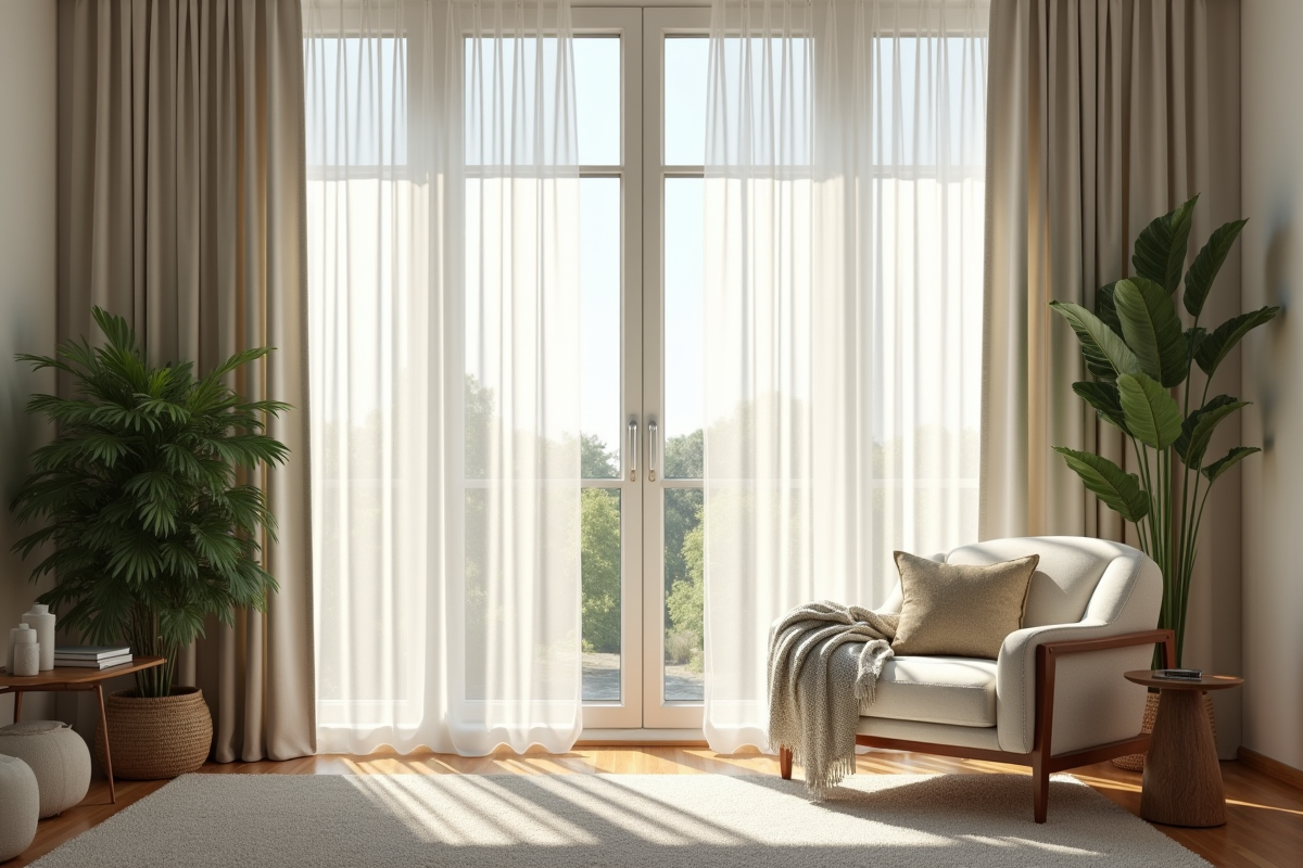 Salon moderne avec grandes fenêtres et décoration chaleureuse