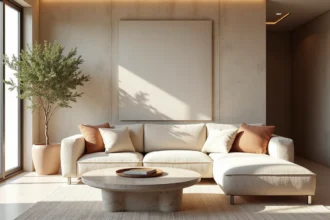 Salon moderne de luxe avec canapé bouclé crème, table en travertin et œuvre d'art abstraite pour sublimer votre intérieur en 2026