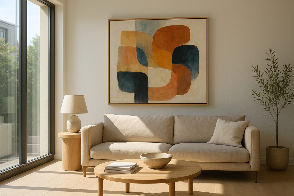 Salon moderne avec peinture abstraite lumineuse