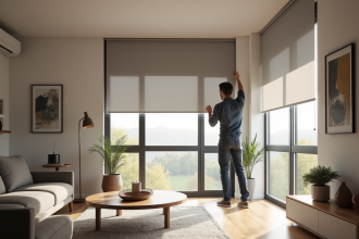Salon moderne avec personne installant un rideau occultant