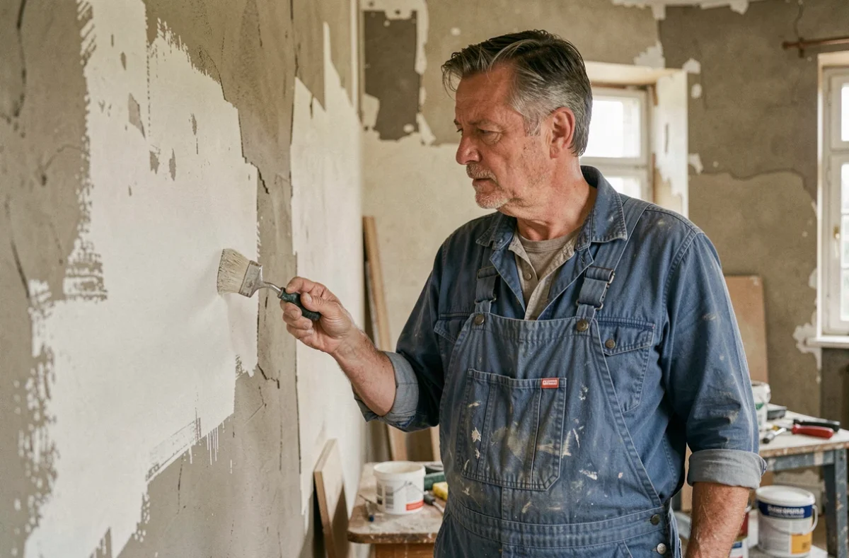 Spécialiste en rénovation inspectant un mur préparé dans un chantier de l'Oise
