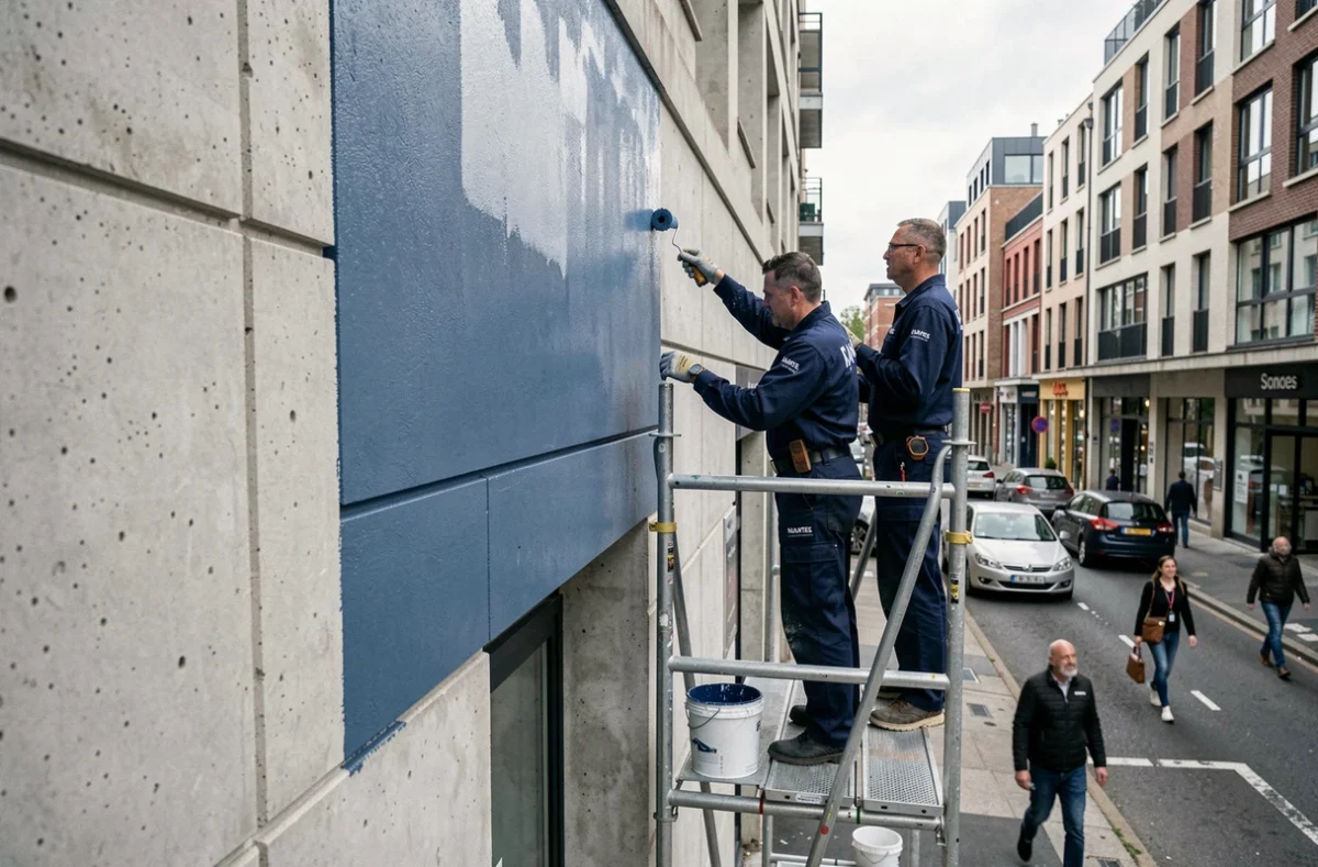 Équipe de peintres professionnels appliquant de la peinture sur une façade commerciale à Nantes