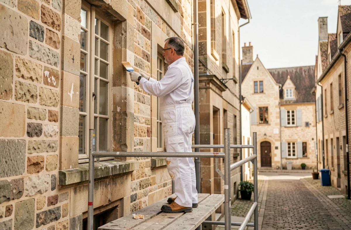 Peintre en bâtiment sur un échafaudage devant une maison de ville historique à Senlis