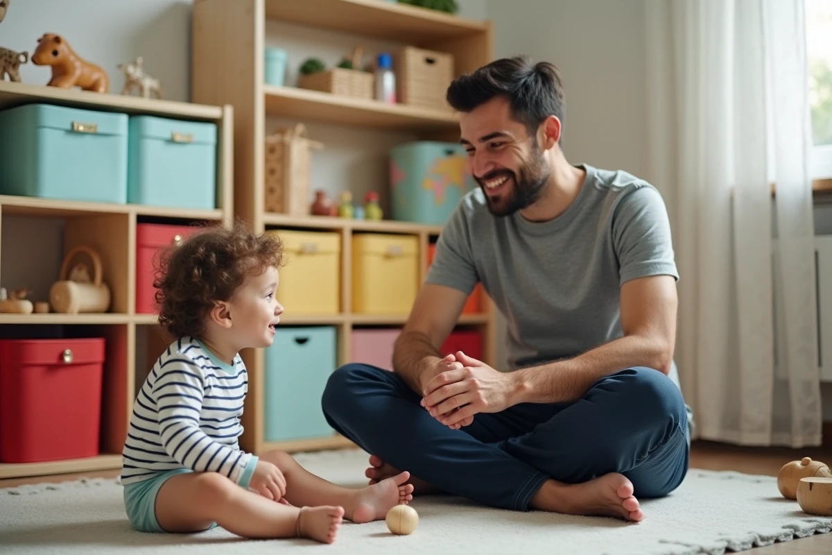 Père surveillant un jeune enfant jouant près d'un meuble de rangement avec protections d'angles dans une salle de jeux