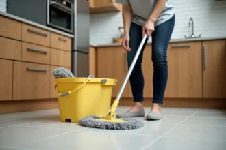 Femme utilisant une serpillière essoreuse avec seau à pédale sur carrelage de cuisine pour désinfecter le sol