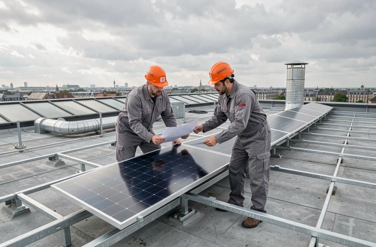 Deux installateurs SMAC Rouen alignant des panneaux solaires industriels sur un toit commercial plat avec vue sur la ville de Rouen