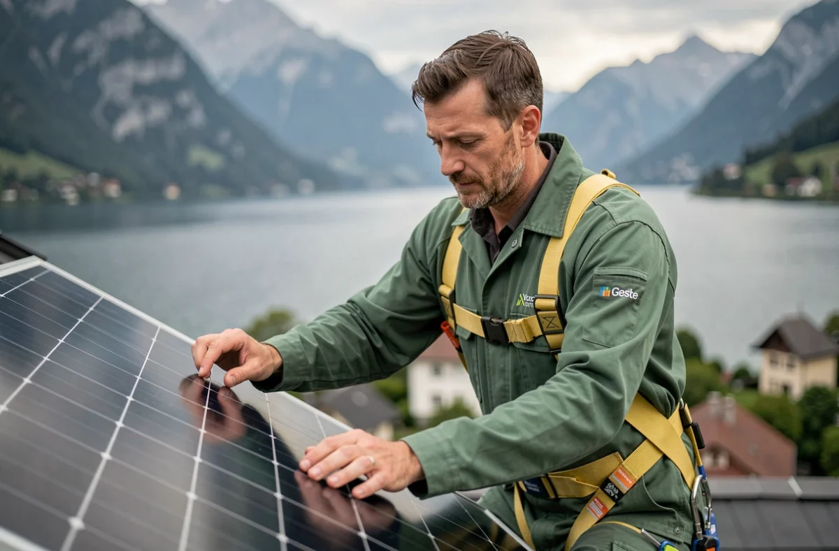 Technicien Solar Belle Planete installant un panneau photovoltaïque sur un toit à Annecy avec le lac en arrière-plan