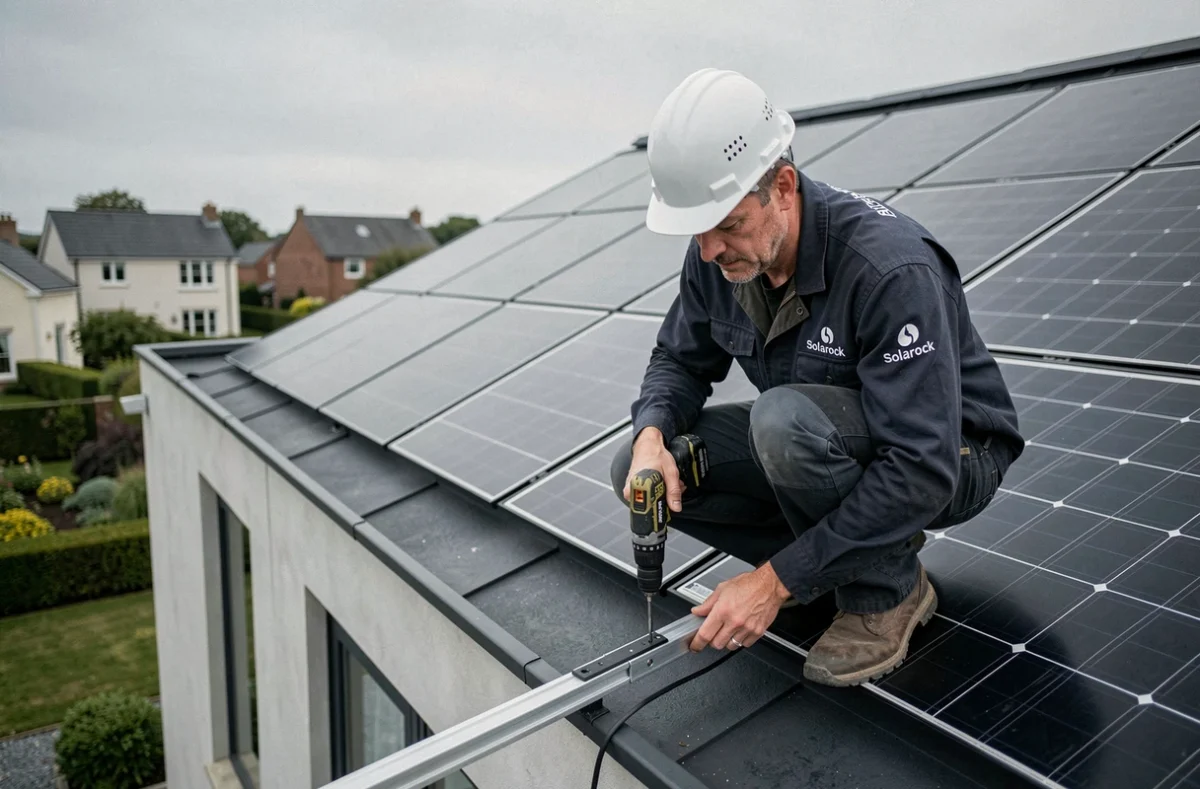 Technicien Solarock installant des panneaux solaires sur une maison résidentielle en Normandie avec perçeuse et équipement de sécurité