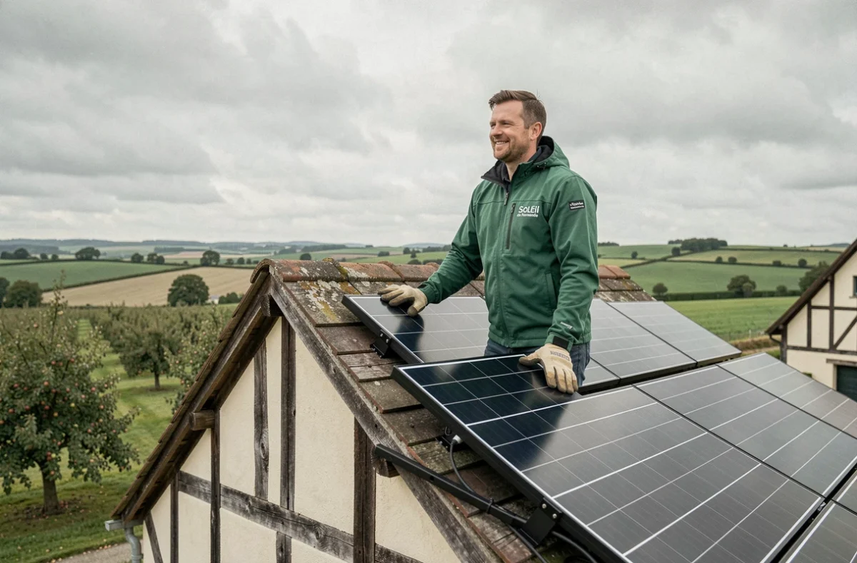 Installateur Soleil de Normandie debout sur le toit complété d'une maison à colombages normande avec des panneaux solaires posés et un paysage normand en arrière-plan