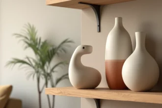 Collection de statues décoratives en céramique blanche et terracotta sur une étagère en chêne dans un salon moderne et épuré