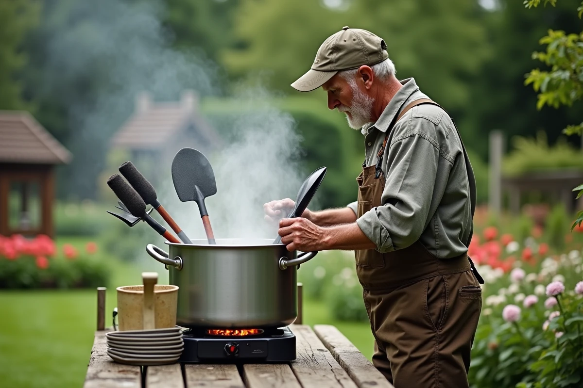 Homme âgé faisant bouillir ses outils de jardinage dans une casserole