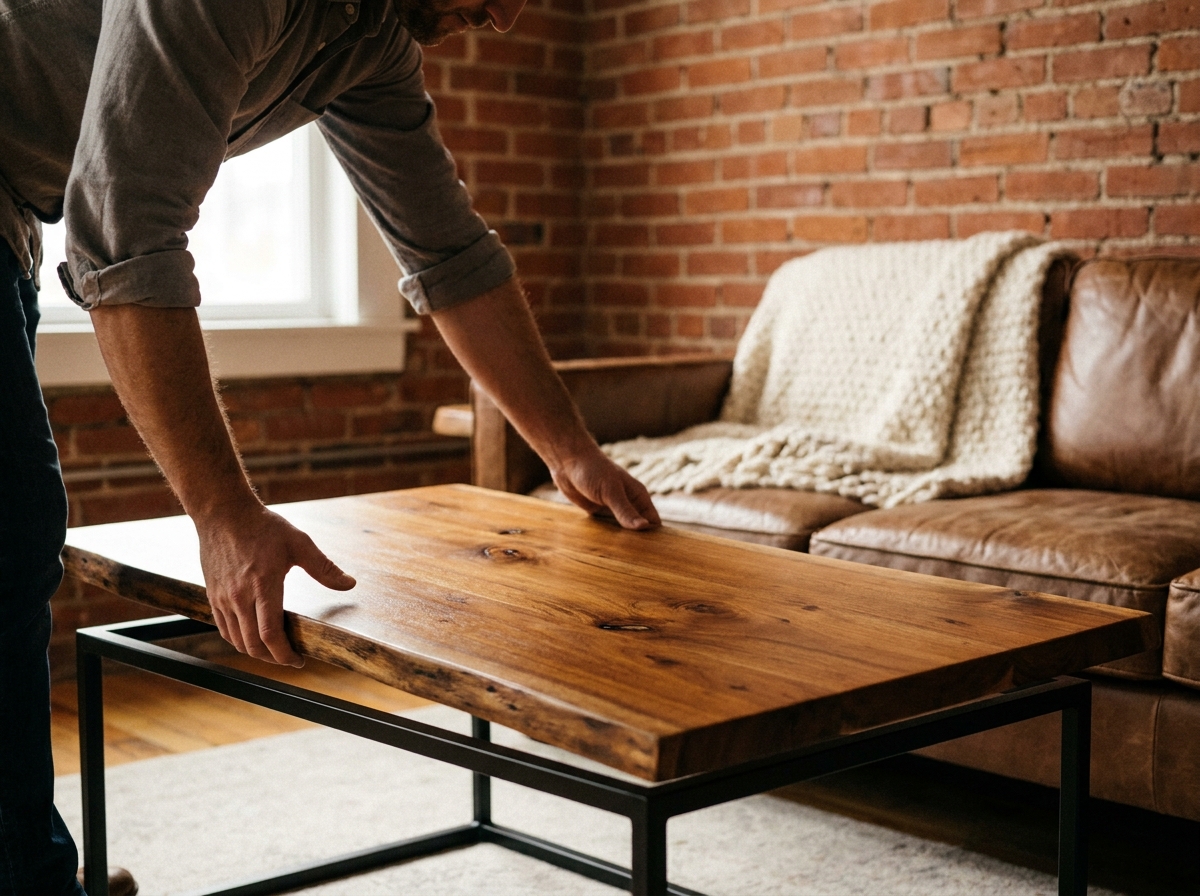 Table basse en bois d'acacia live-edge avec plateau naturel et pieds en métal noir dans un salon style industriel