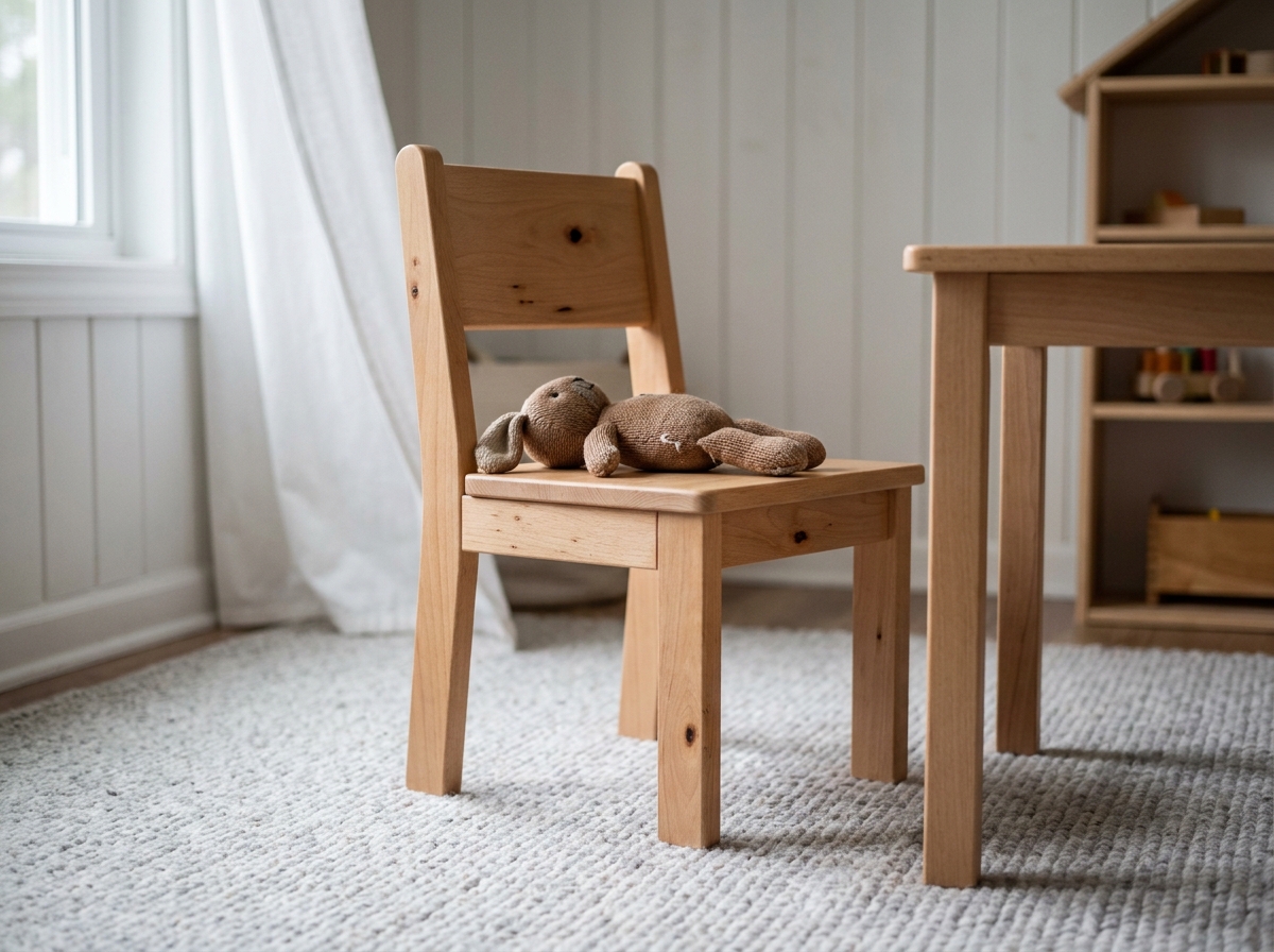 Table et chaise enfant en bois de hêtre massif dans une chambre d'enfant lumineuse et naturelle