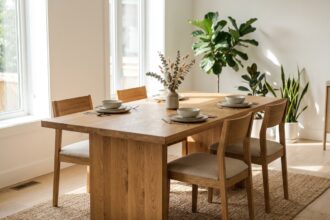 Table à manger en bois de chêne massif dans un intérieur scandinave épuré avec chaises assorties et décoration naturelle