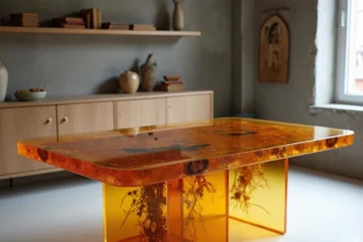 Table en résine artisanale made in France avec inclusions botaniques posée dans un appartement parisien moderne aux murs en béton