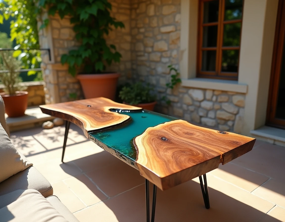 Table rivière en résine teal et noyer sur une terrasse en pierre d'une ferme provençale avec pieds épingles en acier