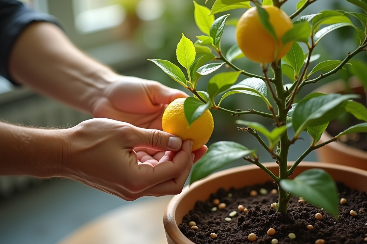 Mains taillant doucement branches d un citronnier en pot
