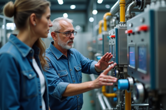 Ingénieur expliquant un échangeur thermique moderne