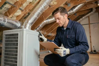 Technicien CVC inspectant une pompe à chaleur gainable installée dans un grenier résidentiel moderne