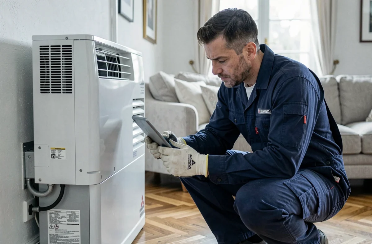 Technicien HVAC inspectant une unité intérieure de pompe à chaleur Mitsubishi dans un salon
