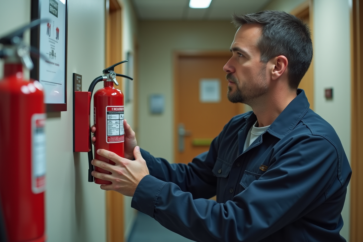 Technicien en tenue de sécurité vérifiant un extincteur rouge
