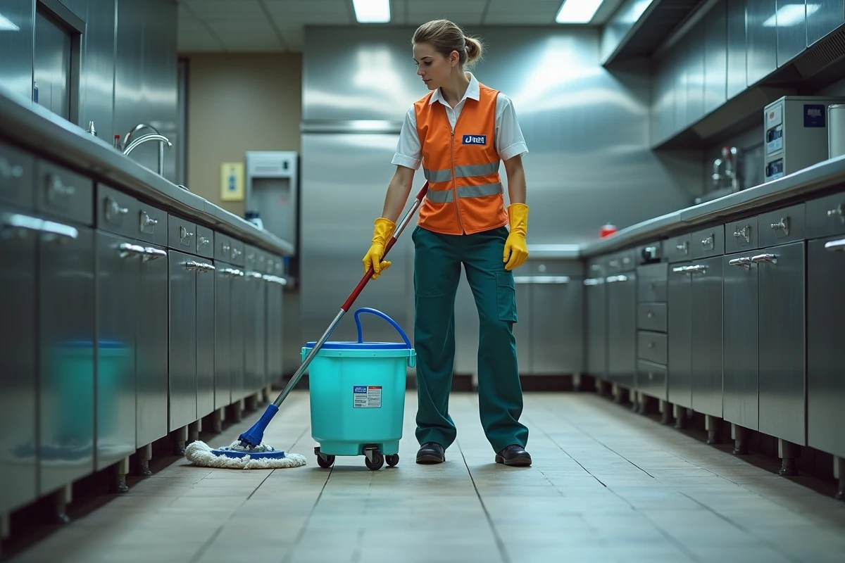 Technicienne de nettoyage appliquant le Jnet Gros Travaux sur le sol d'une cuisine professionnelle industrielle