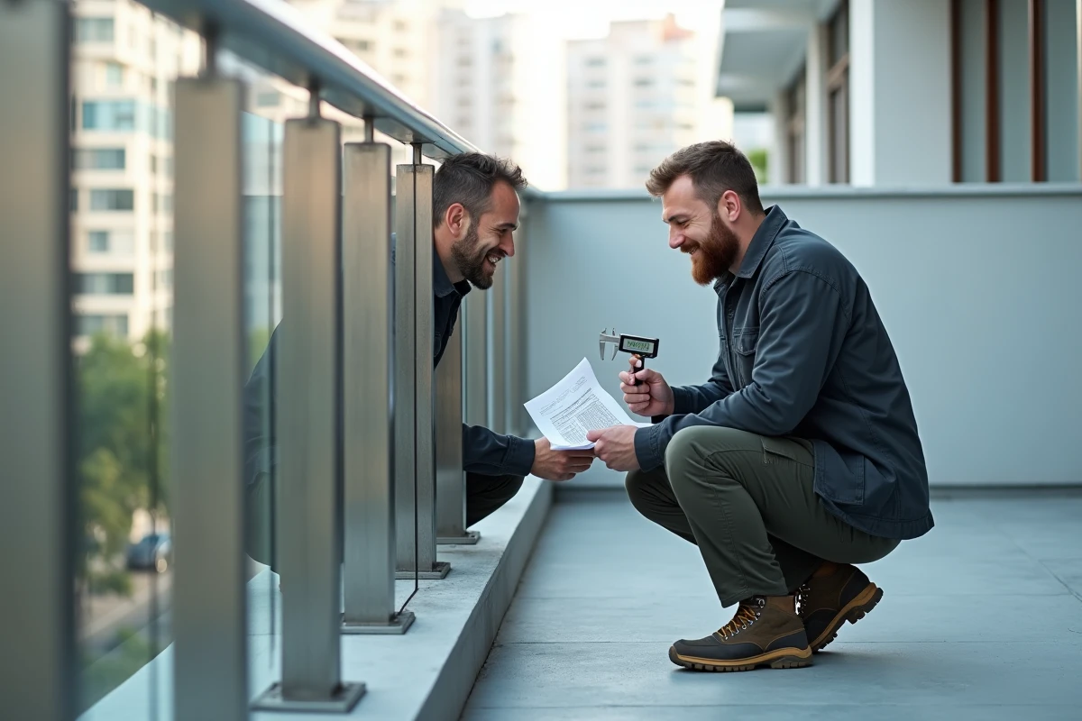 Deux techniciens mesurant l'espacement d'un garde-corps en acier inoxydable selon les exigences de la norme NF P01-012 sur un balcon