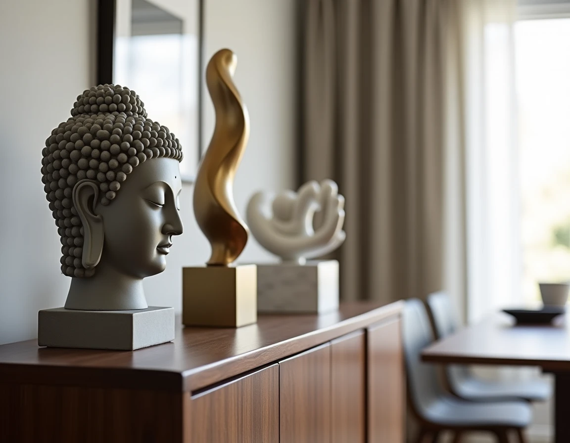 Trio de statues décoratives aux matières variées — résine, laiton brossé et marbre blanc — sur un buffet en noyer dans une salle à manger scandinave