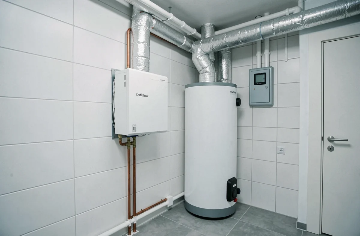Unité intérieure de pompe à chaleur Chaffoteaux 14 kW dans une chaufferie de maison française