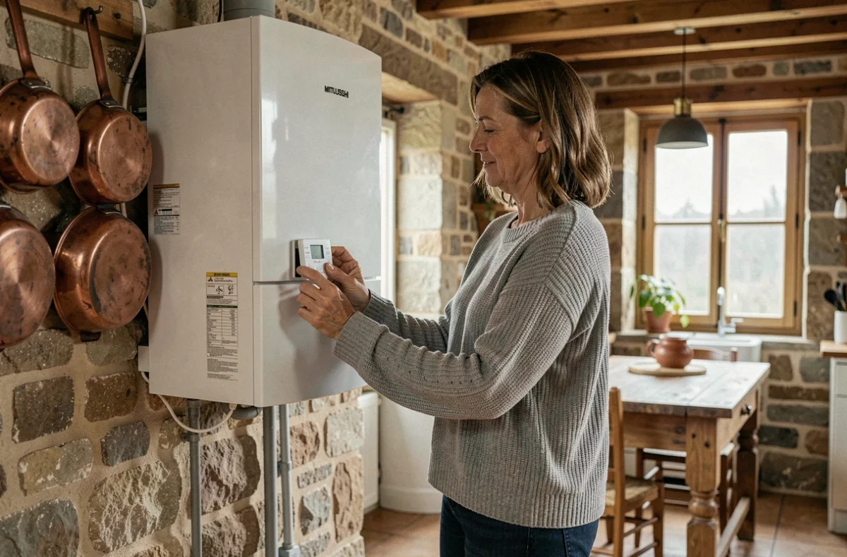 Femme réglant le thermostat d'une pompe à chaleur Mitsubishi dans une cuisine rustique française