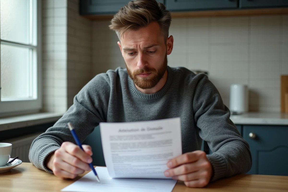 Homme relisant une attestation de domicile sur l'honneur imprimée dans une cuisine