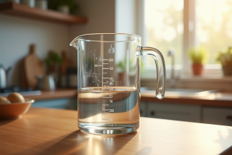 Verre mesureur d'eau sur plan de cuisine en bois