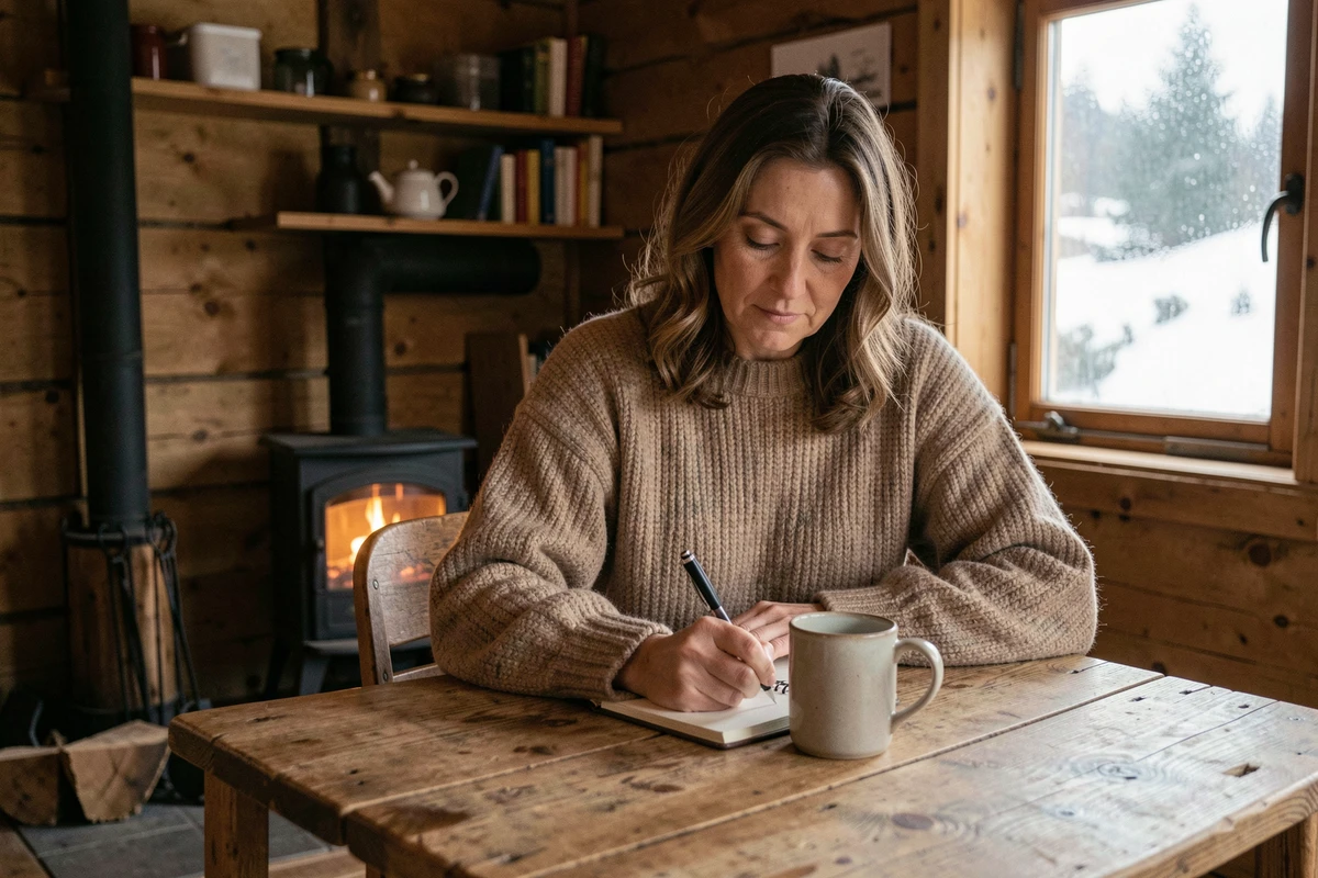 Femme vivant à l'année dans un chalet en bois, intérieur chaleureux avec poêle à bois