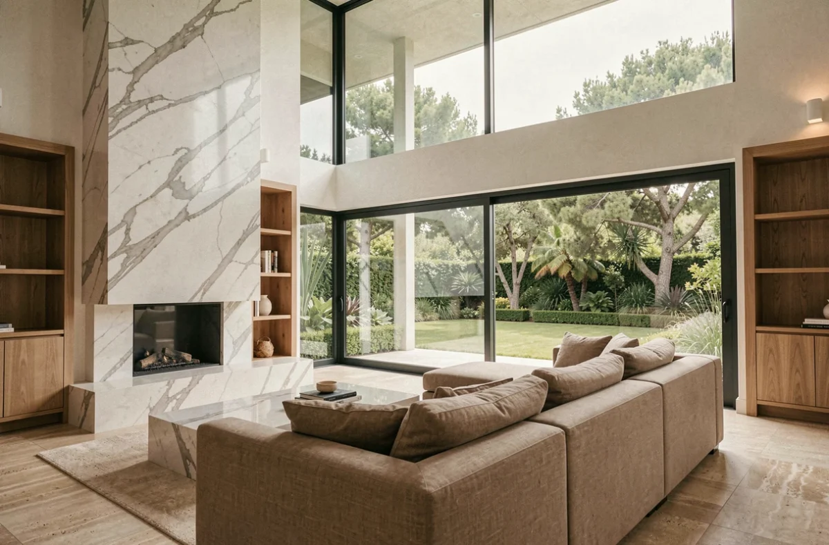 Intérieur d'une villa de luxe contemporaine avec salon aux hauts plafonds et baies vitrées ouvrant sur un jardin