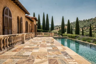 Villa de luxe méditerranéenne avec piscine à débordement et terrasse en pierre dominant un paysage de collines