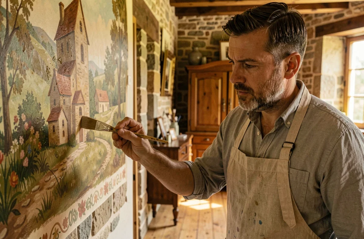 Peintre artiste et artisan réalisant une fresque décorative peinte à la main dans une maison en Mayenne